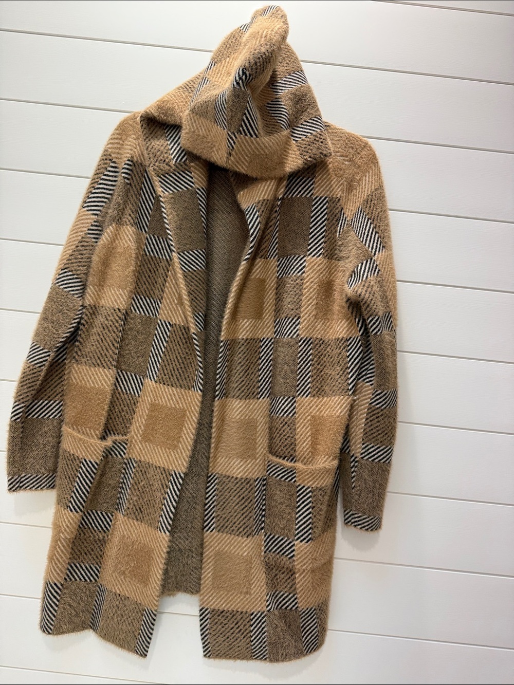 Liverpool Camel Plaid Open-Front Trench Coat